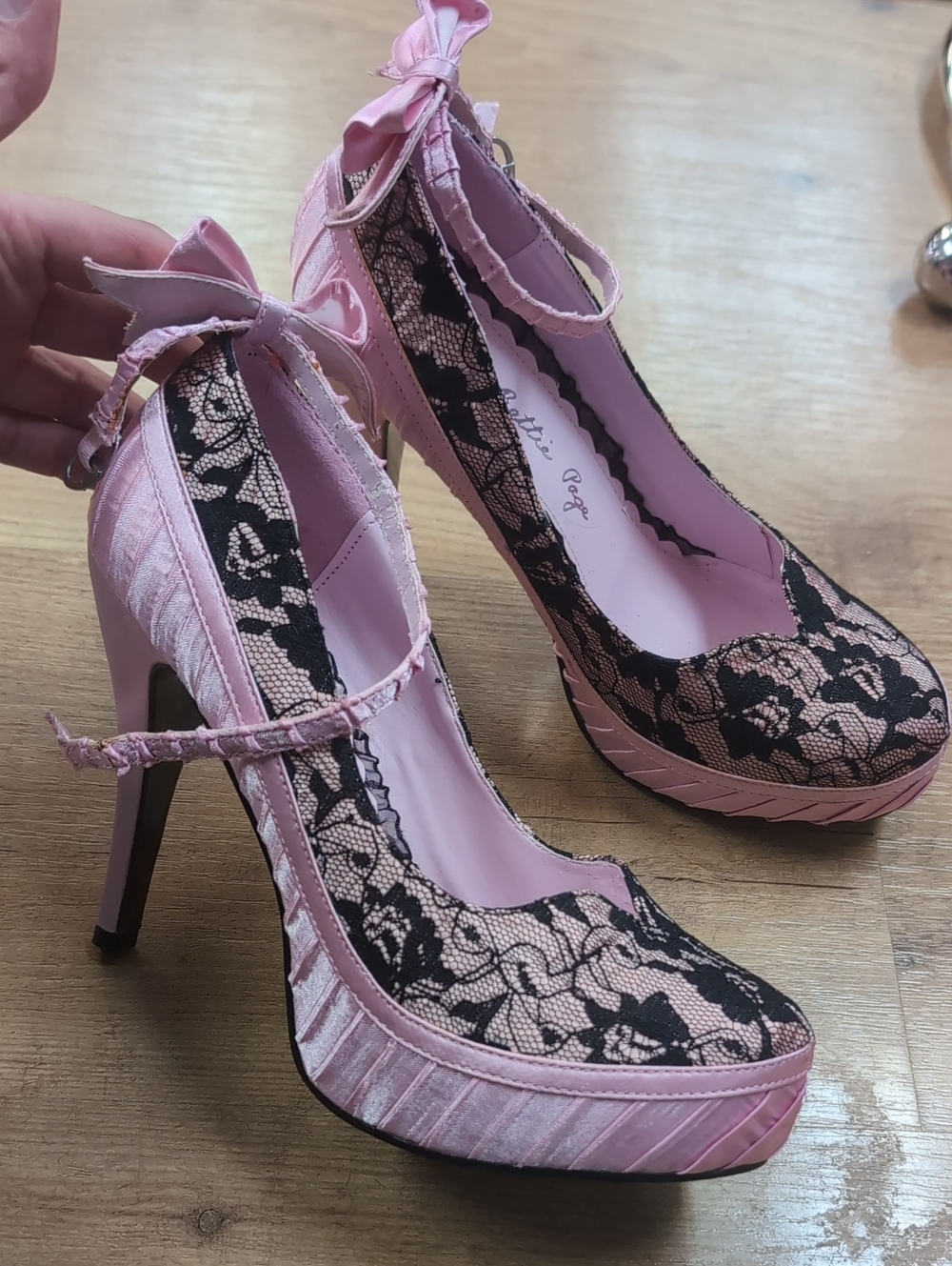 Bettie Page Pink Pumps with Black Lace & Bow Accent